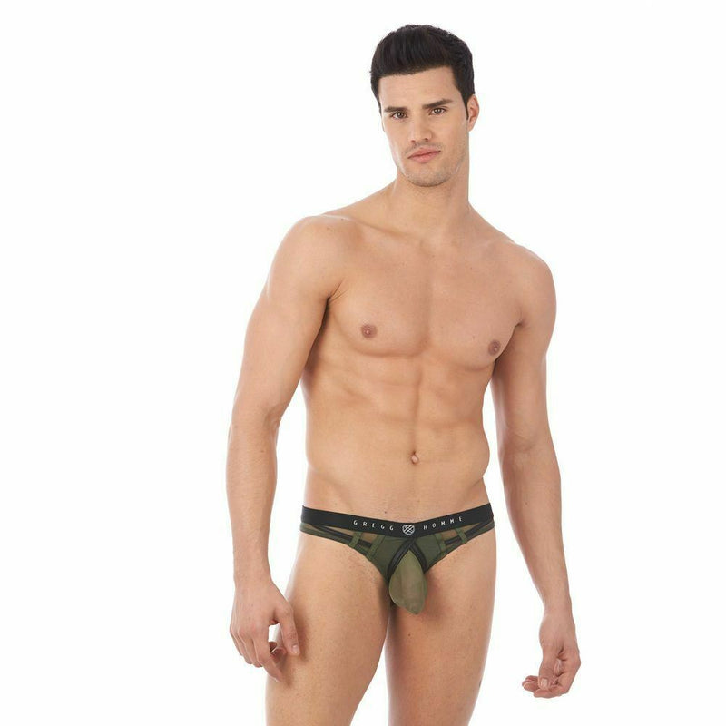Gregg Homme Erupt Thong 8 Ways Stretch Sheer Mesh Khaki 140004 128A - SexyMenUnderwear.com
