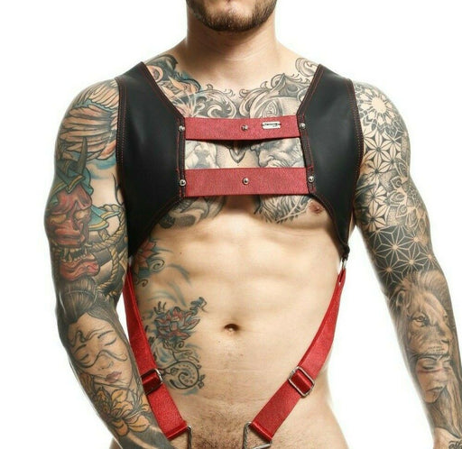 Harness MOB DNGEON Faux-Leather CropTop C-Ring Harness Cherry Red DMBL08 - SexyMenUnderwear.com
