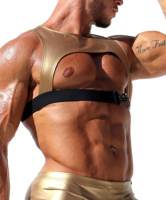LARGE RUFSKIN Harness Zander “Rubberized” Chest Yoke Harnais Elastic Strap X Gold 23 - SexyMenUnderwear.com