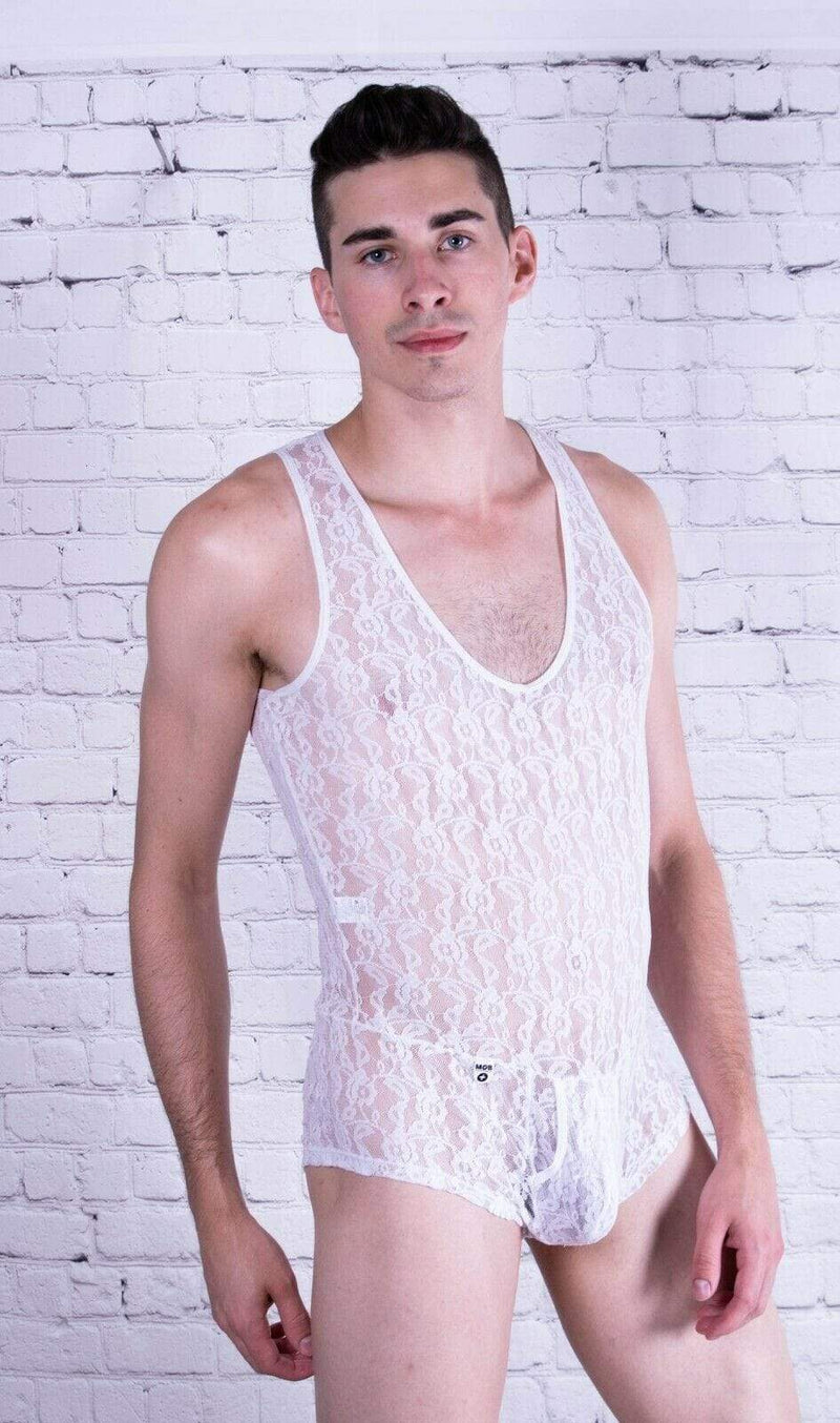 Malebasics Mob Singlet Lace Mens Bodysuit Dentelle Lace White MBL17 2 - SexyMenUnderwear.com