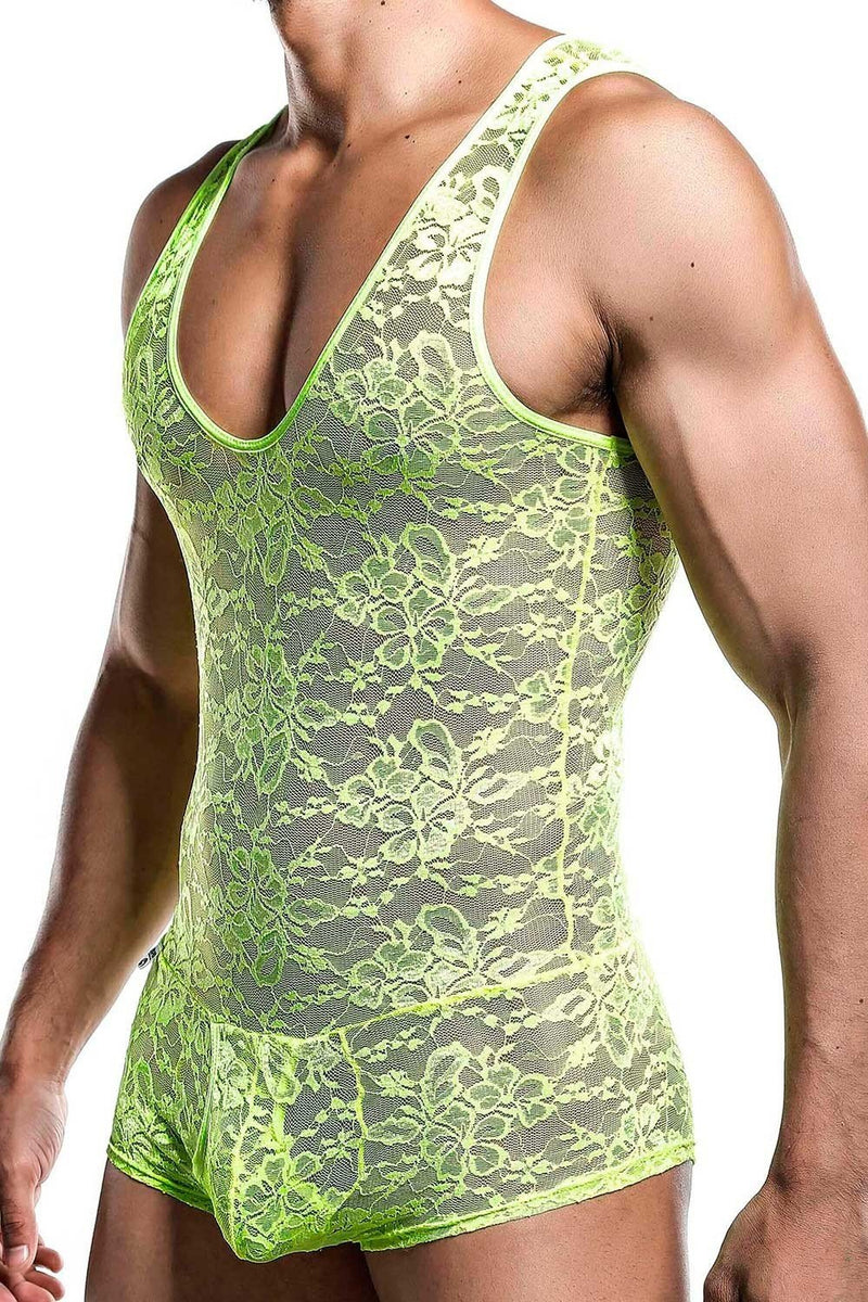 Malebasics Mob Singlet Lace Mens Sexy Bodysuit EroticWear Dentelle Lime MBL17 2 - SexyMenUnderwear.com