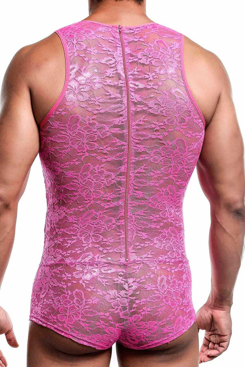Malebasics Mob Singlet Lace Mens Sexy Bodysuit EroticWear Hot Pink MBL17 2 - SexyMenUnderwear.com