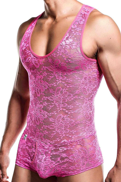 Malebasics Mob Singlet Lace Mens Sexy Bodysuit EroticWear Hot Pink MBL17 2 - SexyMenUnderwear.com