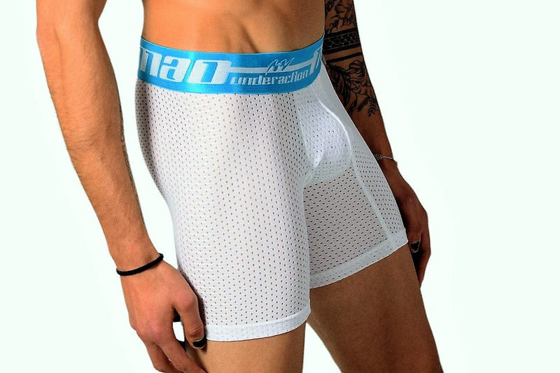 MAO Sports Boxer Soft Stretchy Perforated Microfiber Neon White Blue & Band 7034 6 - SexyMenUnderwear.com