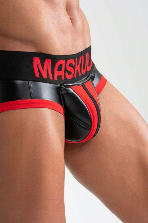 MASKULO Brief with Back Leatherette Pads & Zipper Neon Red BR200-10 3
