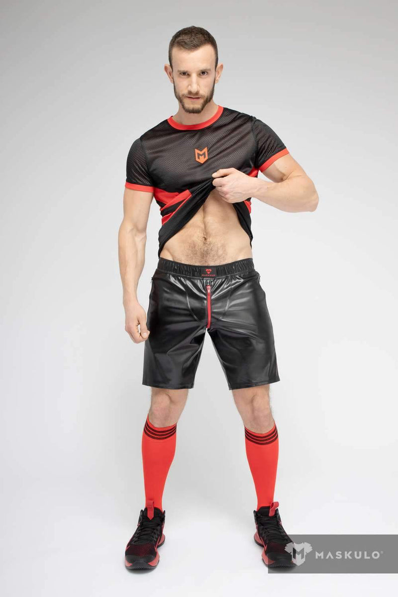 MASKULO Leatherette Soccer Shorts SKULLA Black Football Short Red SH073-10 30 - SexyMenUnderwear.com