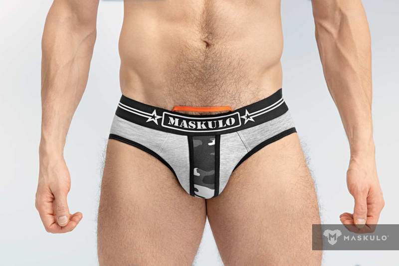 MASKULO Military Brief With Inner Lifter Strap C-Ring Removable Gray BR163-93 30 - SexyMenUnderwear.com