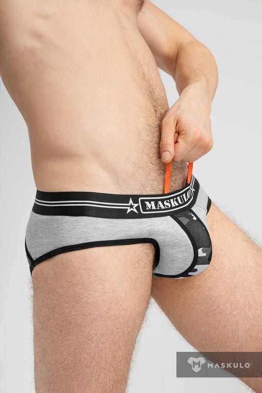 MASKULO Military Brief With Inner Lifter Strap C-Ring Removable Gray BR163-93 30 - SexyMenUnderwear.com