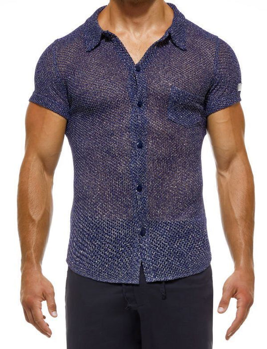 Modus Vivendi Knight Shirt Tight Fit Knitted Cotton Metallic Yarns Blue 05241 64 - SexyMenUnderwear.com
