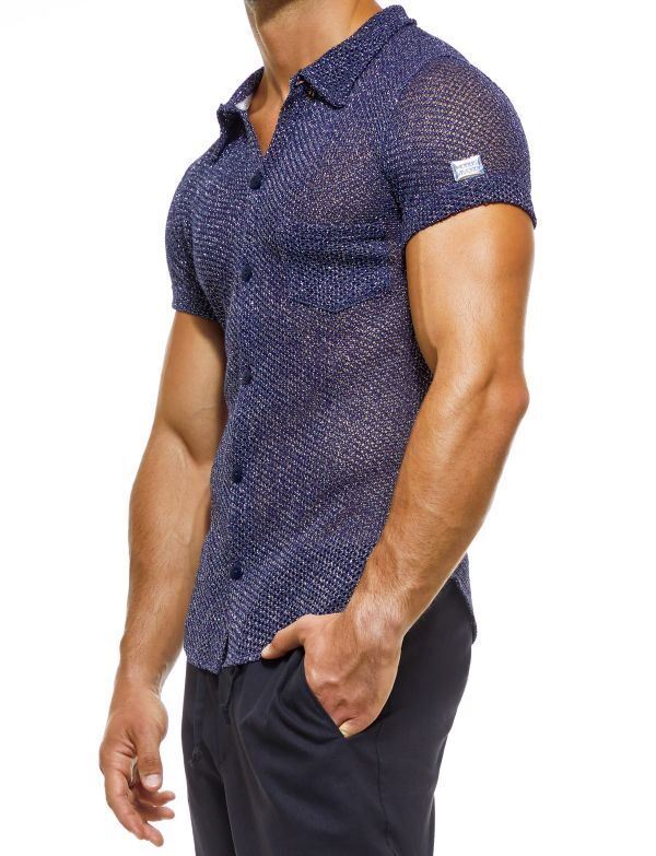 Modus Vivendi Knight Shirt Tight Fit Knitted Cotton Metallic Yarns Blue 05241 64 - SexyMenUnderwear.com