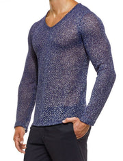 Modus Vivendi Knight V-Neck T Shirt Longsleeves Shiny Blue Lurex 05251 64 - SexyMenUnderwear.com