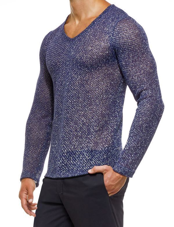 Modus Vivendi Knight V-Neck T Shirt Longsleeves Shiny Blue Lurex 05251 64 - SexyMenUnderwear.com