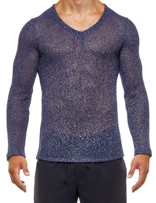 Modus Vivendi Knight V-Neck T Shirt Longsleeves Shiny Blue Lurex 05251 64 - SexyMenUnderwear.com