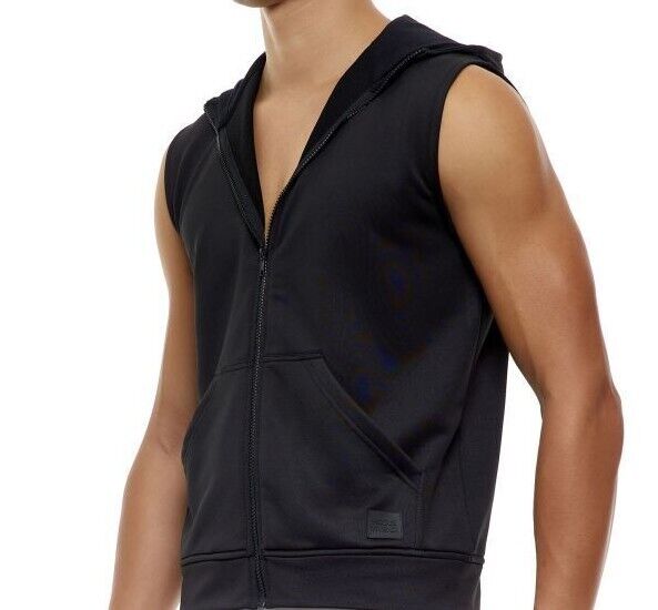 MODUS VIVENDI Tank Top Diagonal Poly Tricot Sleeveless Hoodie Jacket Black 10351 - SexyMenUnderwear.com