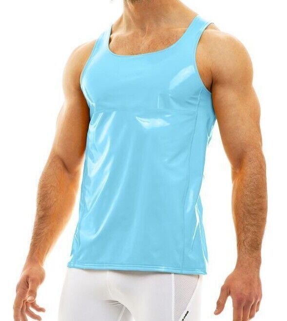 Modus Vivendi Tank Top Viral Vinyl Glossy Shiny Finish Tank in Light Blue 08031 43 - SexyMenUnderwear.com