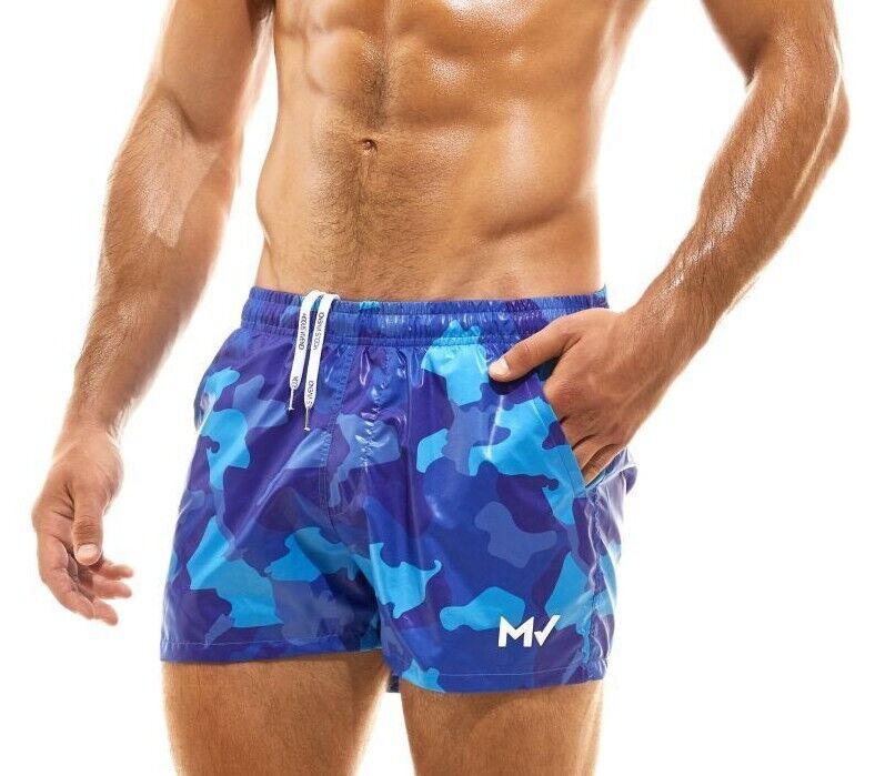 Modus Vivendi Woven Swim Shorts Full-Lining Chino Pockets Camo Blue GS2132 77 - SexyMenUnderwear.com