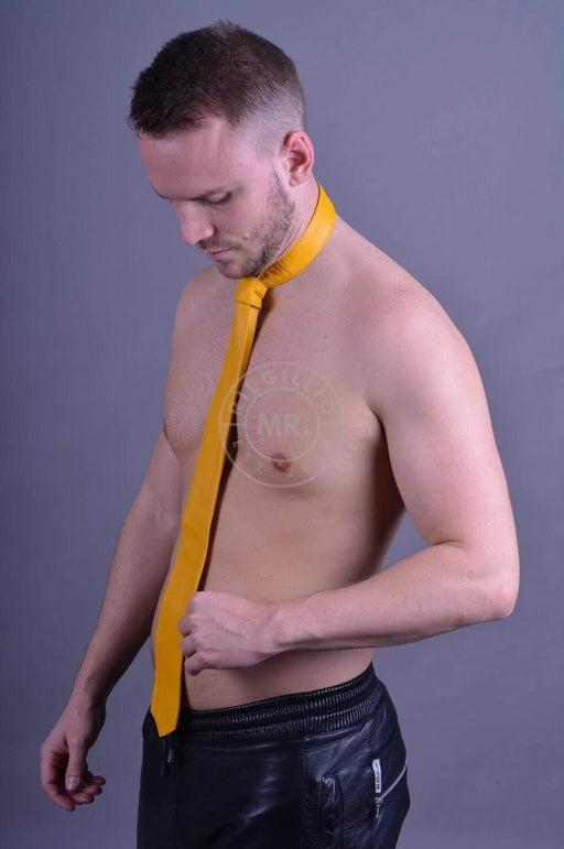 MR. RIEGILLIO 100% Leather Tie Classy Clean Yellow Tie 56'' - SexyMenUnderwear.com