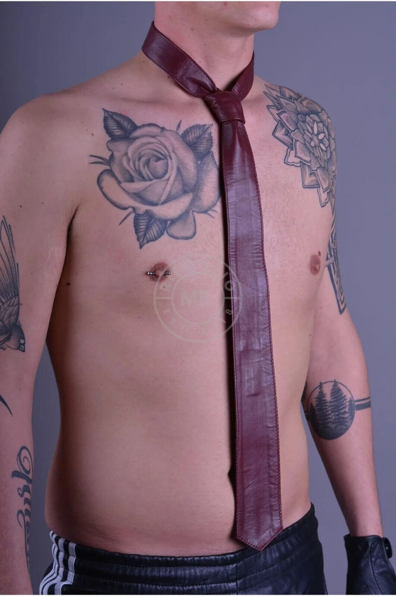 MR. RIEGILLIO Chic Leather Tie Clean Burgundy Red Tie 56'' - SexyMenUnderwear.com