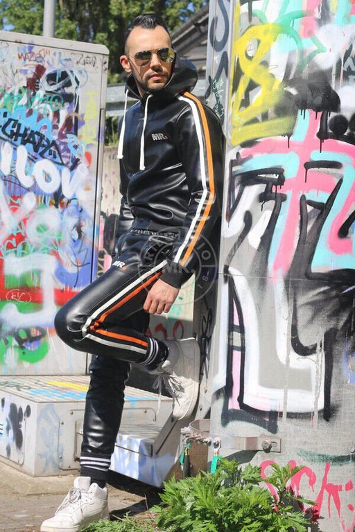 MR. RIEGILLIO Low-Waist Vegan Leather Tracksuit Pants Drawstring Orange Stripes - SexyMenUnderwear.com