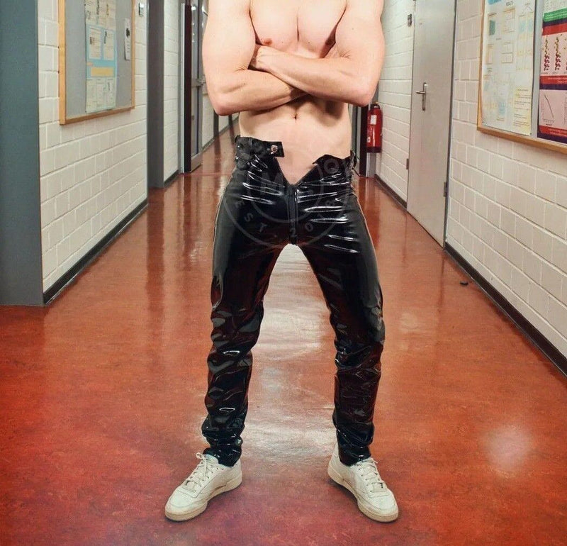 MR. RIEGILLIO PVC Pants Thru 3-Zipper High Waist Classic Jeans-Style Shiny Black - SexyMenUnderwear.com