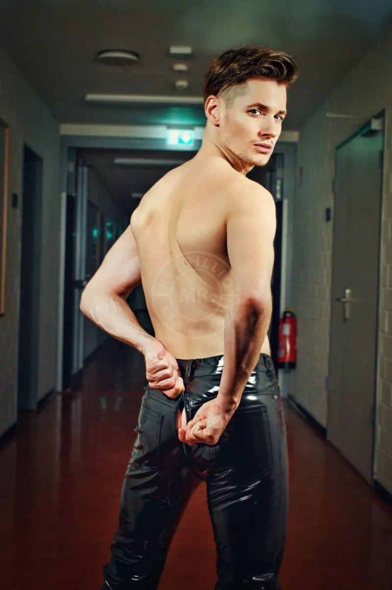 MR. RIEGILLIO PVC Pants Thru 3-Zipper High Waist Classic Jeans-Style Shiny Black - SexyMenUnderwear.com