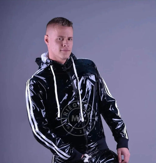 MR. RIEGILLIO PVC Tracksuit Jacket hoodies Glossy Shiny Black & White Stripes - SexyMenUnderwear.com