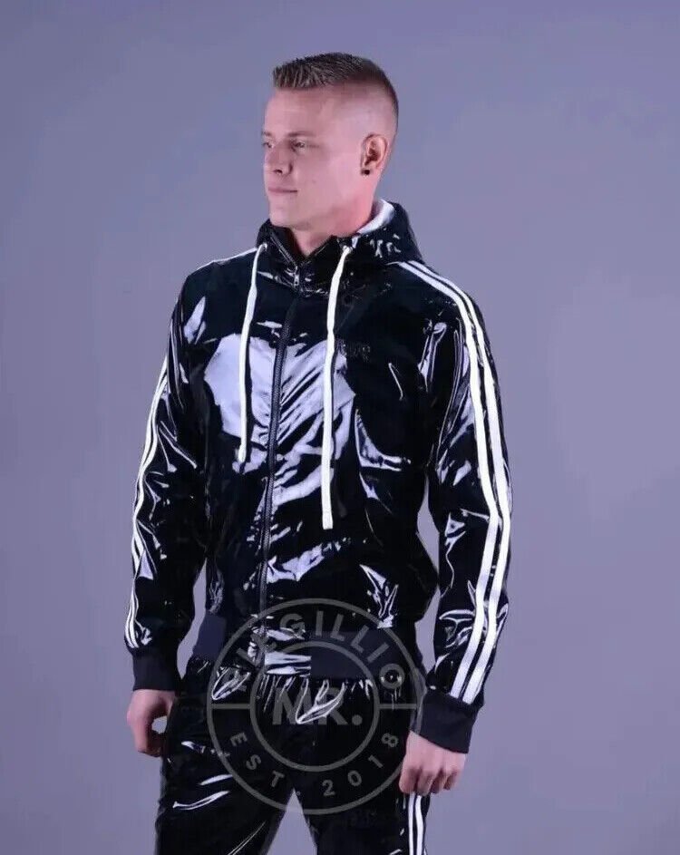 MR. RIEGILLIO PVC Tracksuit Jacket hoodies Glossy Shiny Black & White Stripes - SexyMenUnderwear.com
