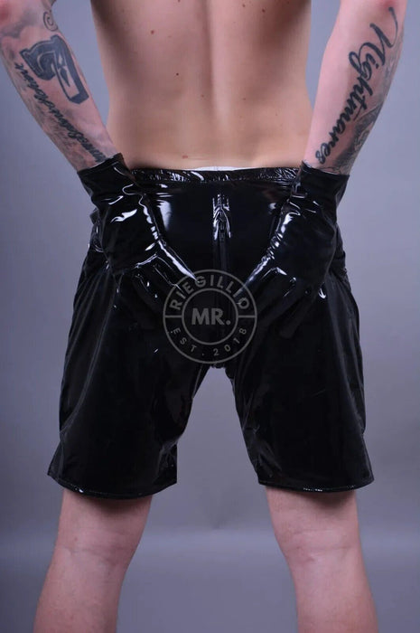 MR. RIEGILLIO Shiny PVC Long Short With Full Zipper Black - SexyMenUnderwear.com