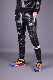 MR. RIEGILLIO Vegan Leather Pants Tracksuit With Drawstring & Ribbed Cuffs Black - SexyMenUnderwear.com