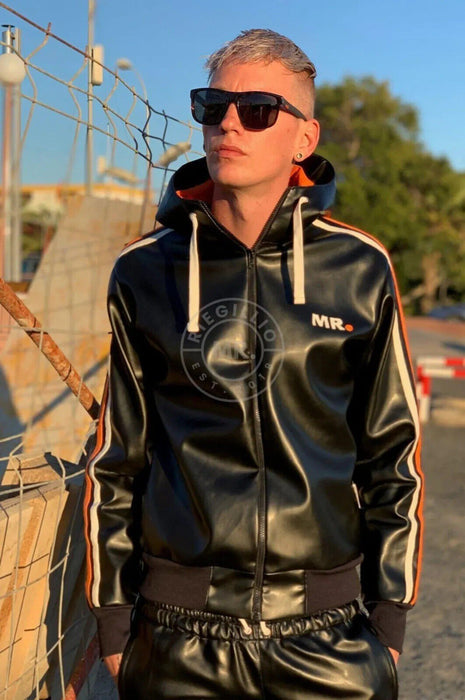 MR. RIEGILLIO Vegan Leather Tracksuit Jacket hoodies Black & Orange Stripes - SexyMenUnderwear.com