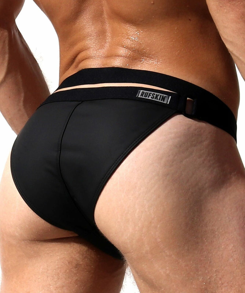 SexyMenUnderwear.com LARGE RUFSKIN! Swimwear CHAR Double-Waisted Brief Stretch matte Black Rubber 18