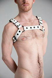 SexyMenUnderwear.com SMU Hand made Harness Bulldog White Full Leather Black Buckle And Snaps