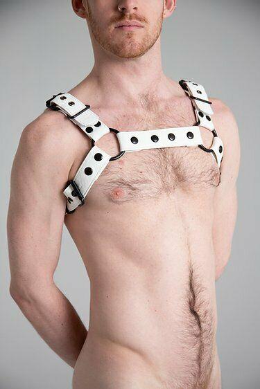 SexyMenUnderwear.com SMU Hand made Harness Bulldog White Full Leather Black Buckle And Snaps