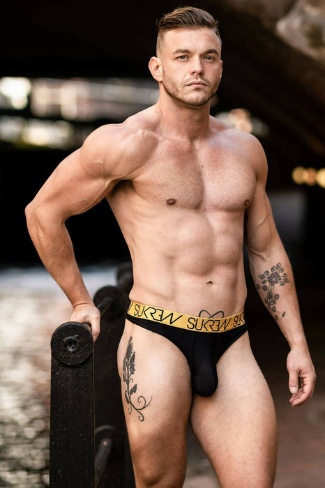 SexyMenUnderwear.com Sukrew Thongs DORCHESTER Tanga Soft And Silky & Gold Band Lifting Pouch Black 19