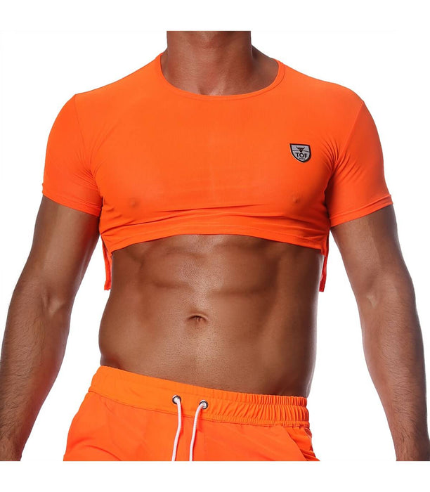 SexyMenUnderwear.com TOF PARIS Crop Top Very Soft Round Collared Shirt Neon Orange 47