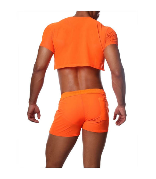 SexyMenUnderwear.com TOF PARIS Crop Top Very Soft Round Collared Shirt Neon Orange 47