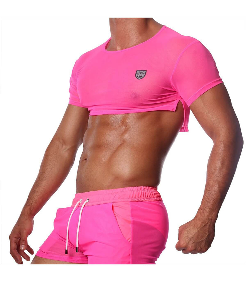 SexyMenUnderwear.com TOF PARIS Crop Top Very Soft Round Collared Shirt Neon Pink 47