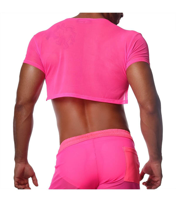SexyMenUnderwear.com TOF PARIS Crop Top Very Soft Round Collared Shirt Neon Pink 47