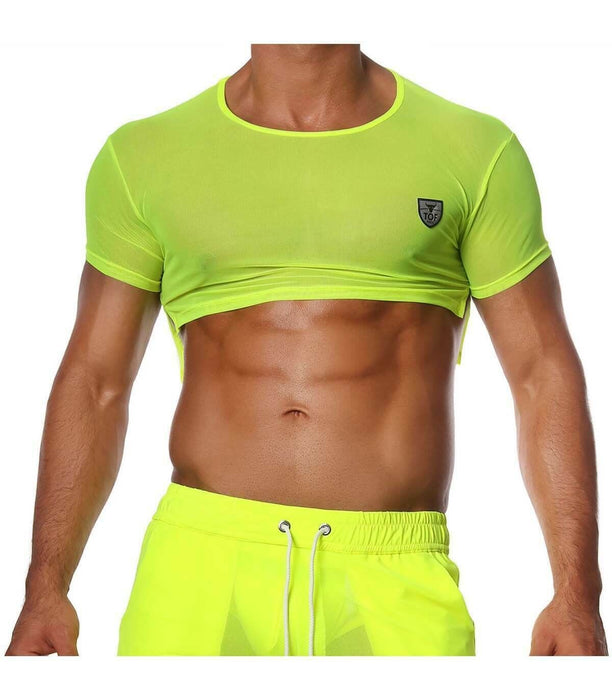 SexyMenUnderwear.com TOF PARIS Crop Top Very Soft Round Collared Shirt Neon Yellow 47