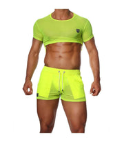 SexyMenUnderwear.com TOF PARIS Crop Top Very Soft Round Collared Shirt Neon Yellow 47