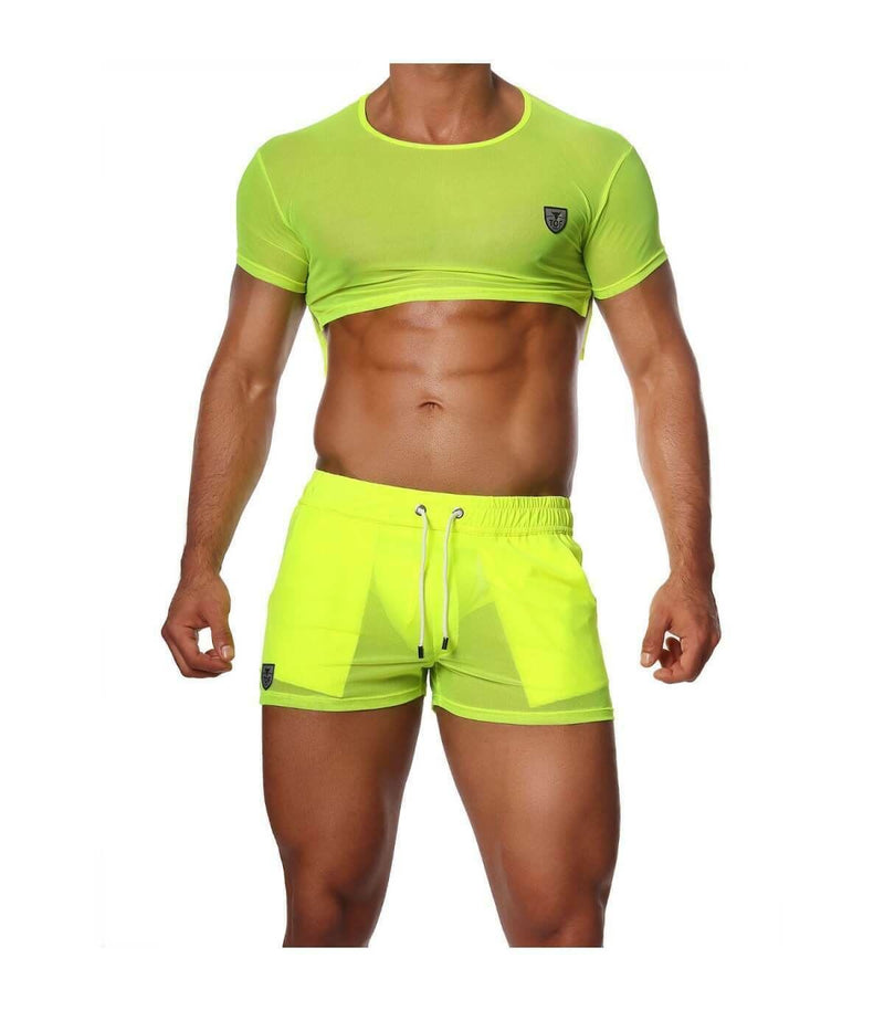 SexyMenUnderwear.com TOF PARIS Crop Top Very Soft Round Collared Shirt Neon Yellow 47
