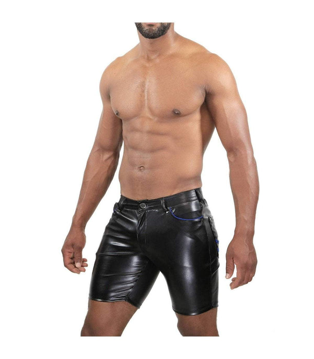 SexyMenUnderwear.com TOF PARIS Short GLADIATOR Faux Leather Long Shorts Tight Fit Black & Blue 33
