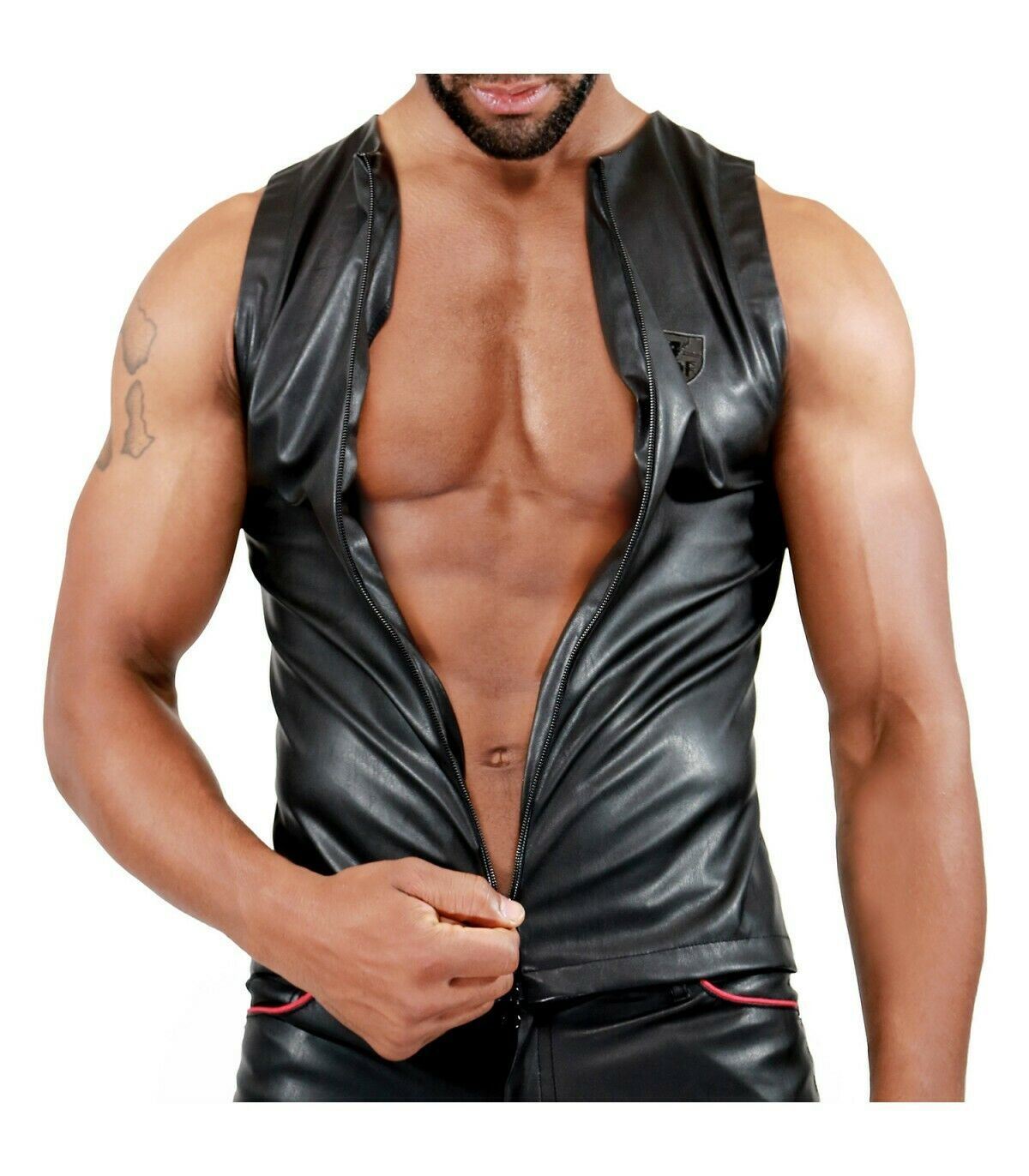 TOF Paris Mens Leather-Look Zipped Tank Top