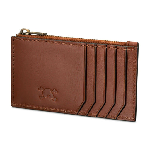 SKULL & BONES Zip Leather Card Case Wallet 100% Refined Genuine Saddle