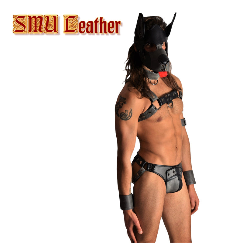 SMU Leather Shop Kit  Mask Collar Harness Jockstrap whip Grey  Fit 31-38