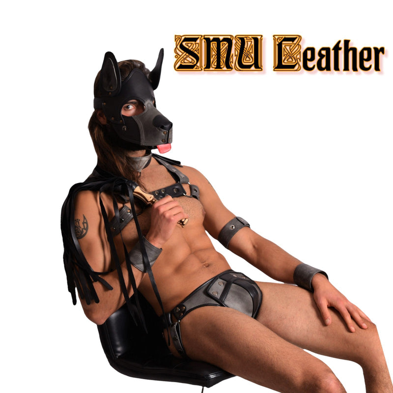 SMU Leather Shop Kit  Mask Collar Harness Jockstrap whip Grey  Fit 31-38
