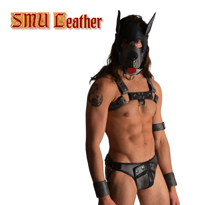 SMU Leather Shop Kit  Mask Collar Harness Jockstrap whip Grey  Fit 31-38