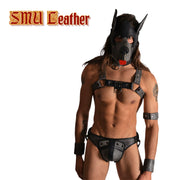 SMU Leather Shop Kit  Mask Collar Harness Jockstrap whip Grey  Fit 31-38