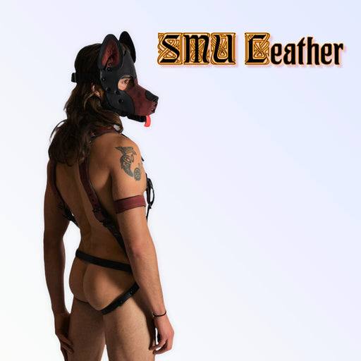 SMU Men Leather Shop Puppy Mask & Collar + Harness & Jock + Band Fit 31-36 in
