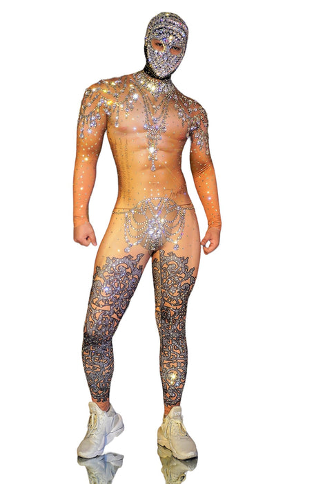 SMU Men Luxurious rhinestones stretchy body suit with hood S/M 3103 2